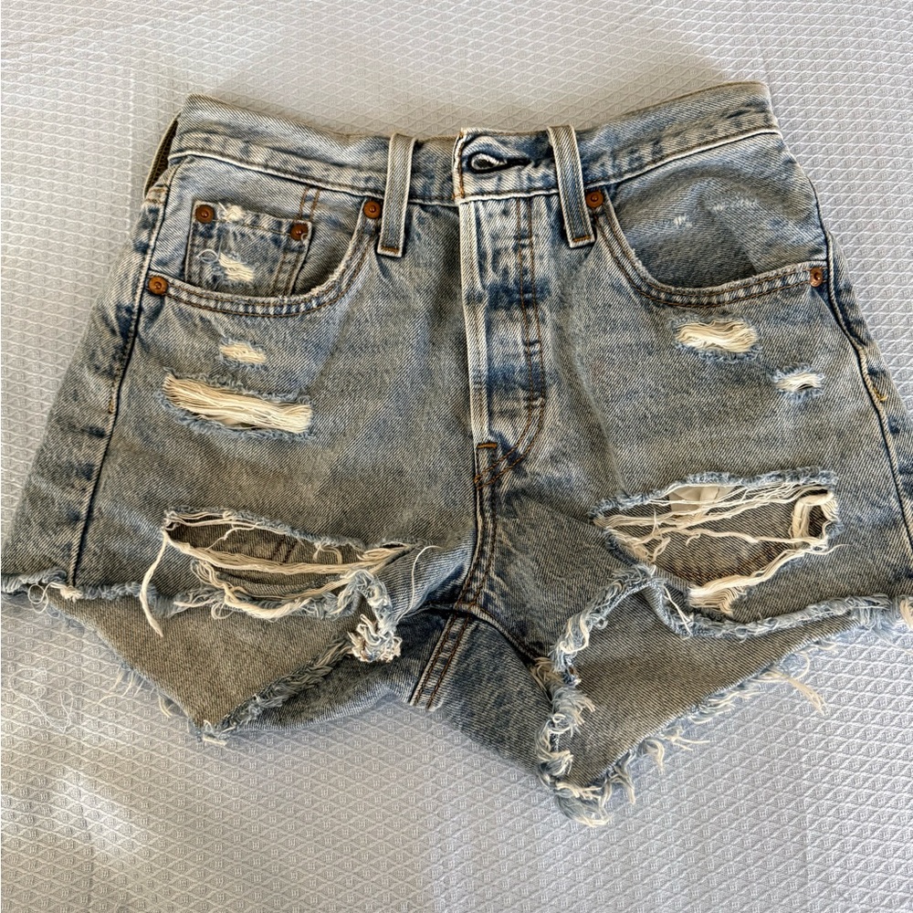 Distressed Light Blue Denim Cutoff Shorts